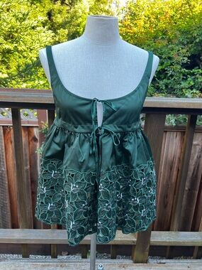Women's Dark Green Embroidered Tie-Front Tank Top